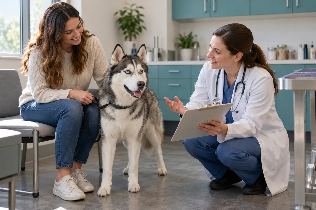 Owner discussing a gray-and-white dog with a veterinarian in a clinic